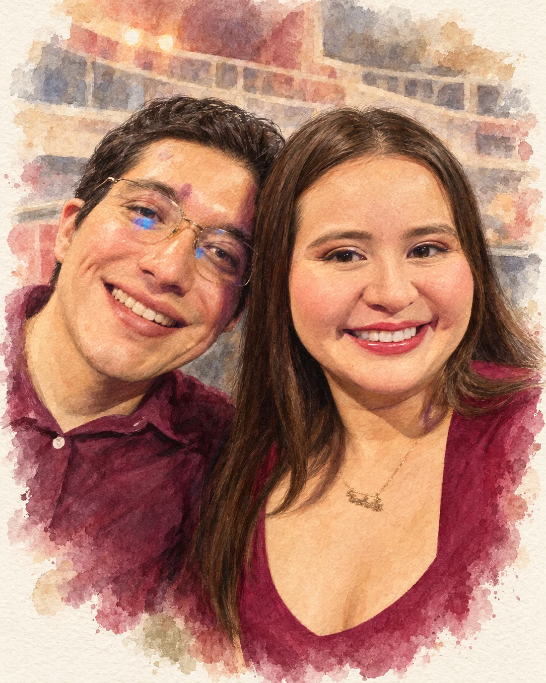 Retrato en acuarela de Andy y Marco sonriendo juntos, vestidos de color vino
