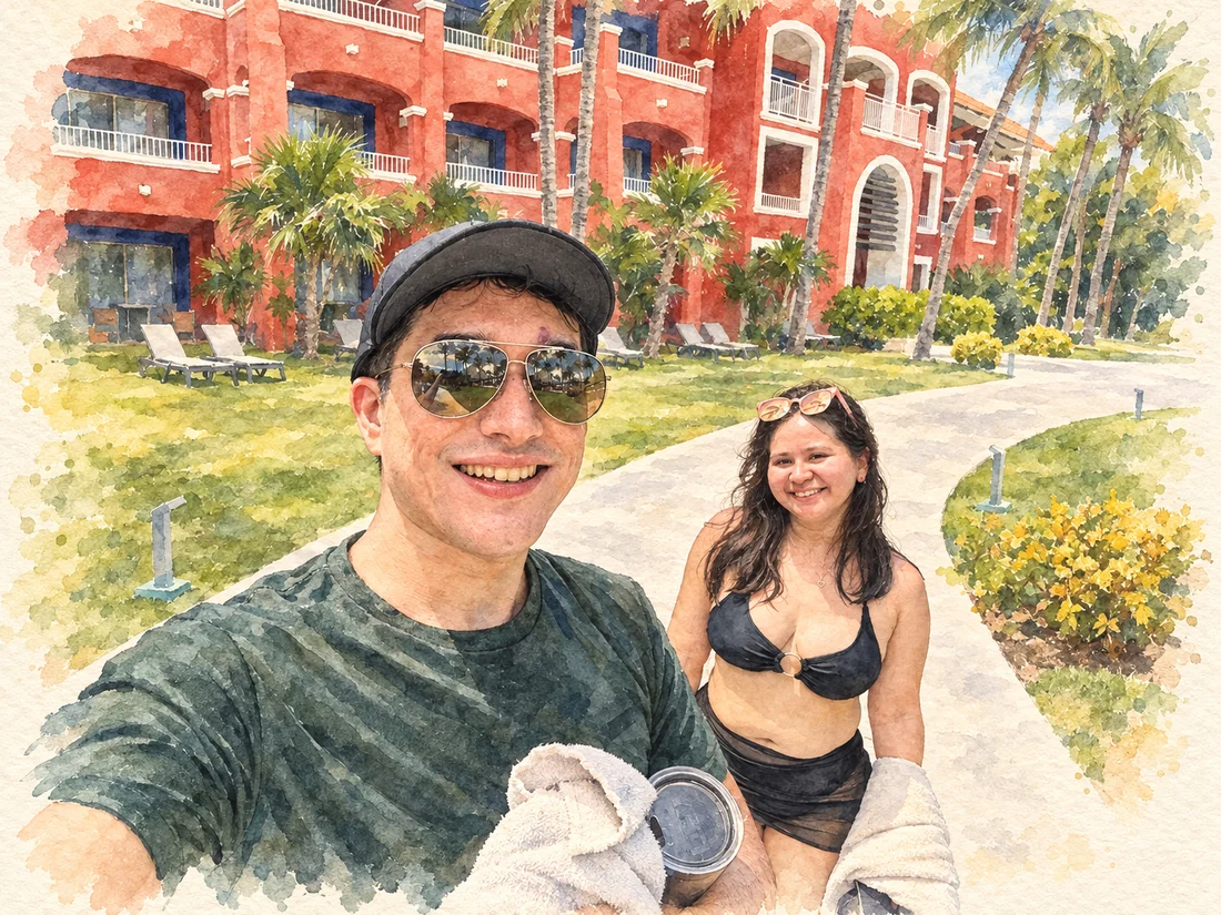 Acuarela de Andy y Marco durante su viaje, entre palmeras y un edificio rojo